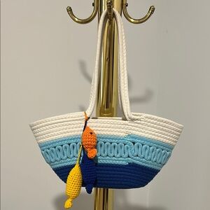 Colorful Woven Tote Bag with Fish Accents